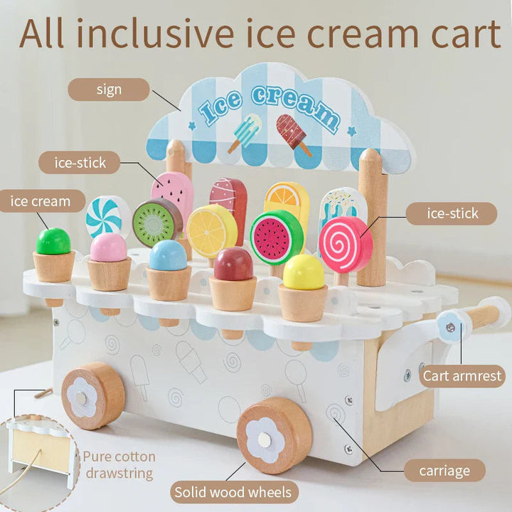 Labeled view of the white ice cream cart showing its sign, treats, pull cord, handle, and wheels