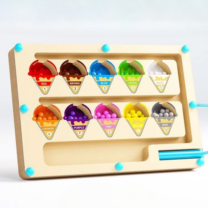Wooden ice cream magnetic maze with ten color-labeled cones and a blue pen