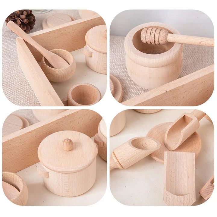 Detail views of a wooden spoon, honey dipper, lidded pot and scoops.