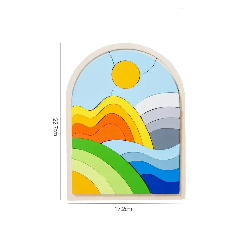 Colorful wooden landscape puzzle shown as 22.7 cm high and 17.2 cm wide