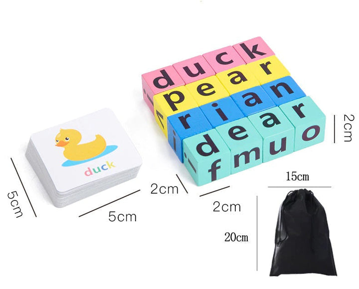 Wooden letter block and picture card measurements beside a 15 x 20 cm drawstring storage bag