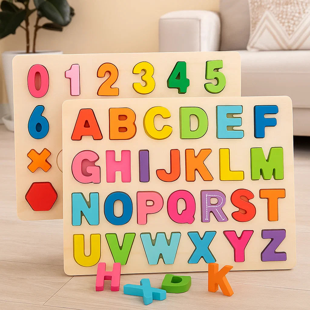 Colorful wooden uppercase letter puzzle in front of a number and shape puzzle board