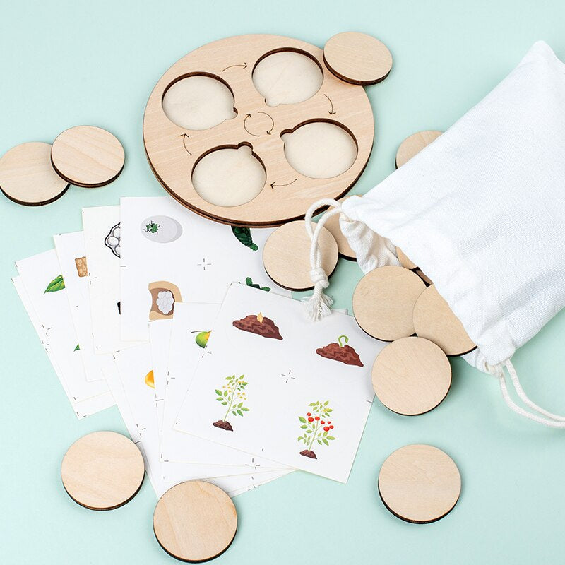 Wooden puzzle board, blank circular pieces, illustrated sheets, and a white drawstring pouch