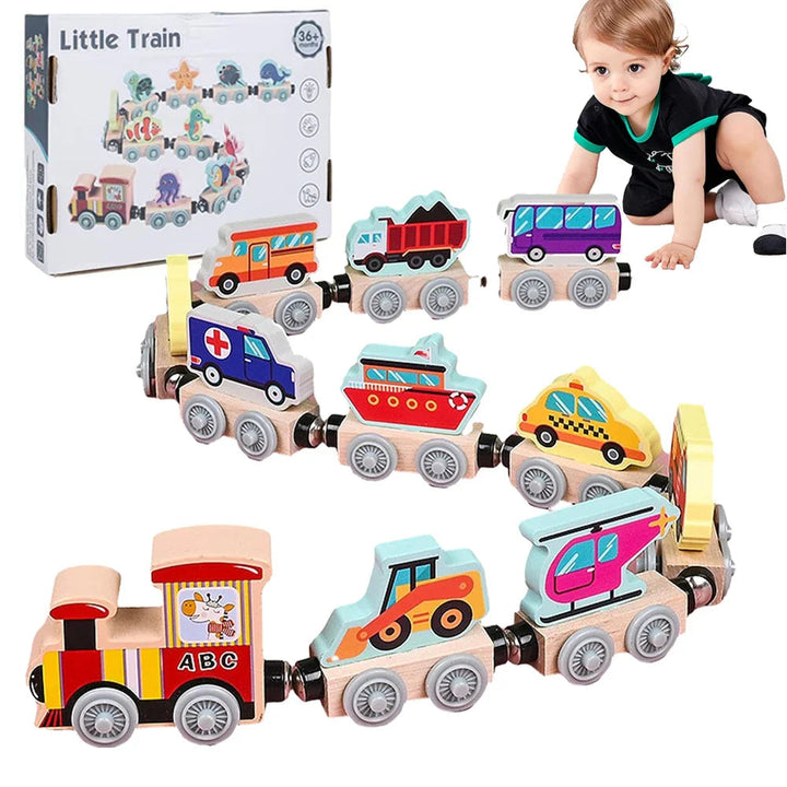 Wooden magnetic transportation train with vehicle-shaped cars, shown with its box and a child