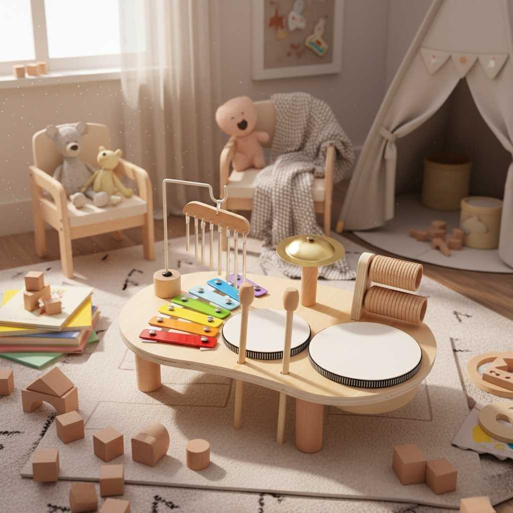 Wooden music playset in a nursery beside blocks and a cushioned chair