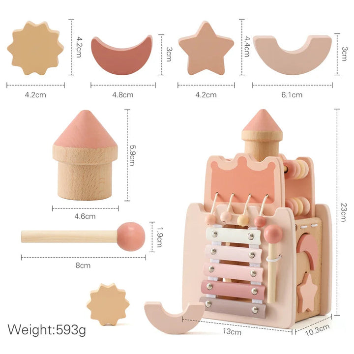 Measurement chart for the wooden music tower, mallet, castle top, and sorting shapes