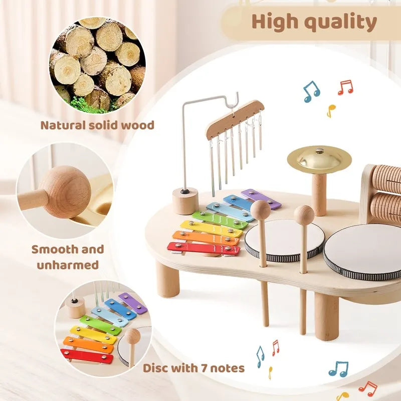 Wooden music playset detail graphic showing wood, a mallet tip and the seven-note xylophone