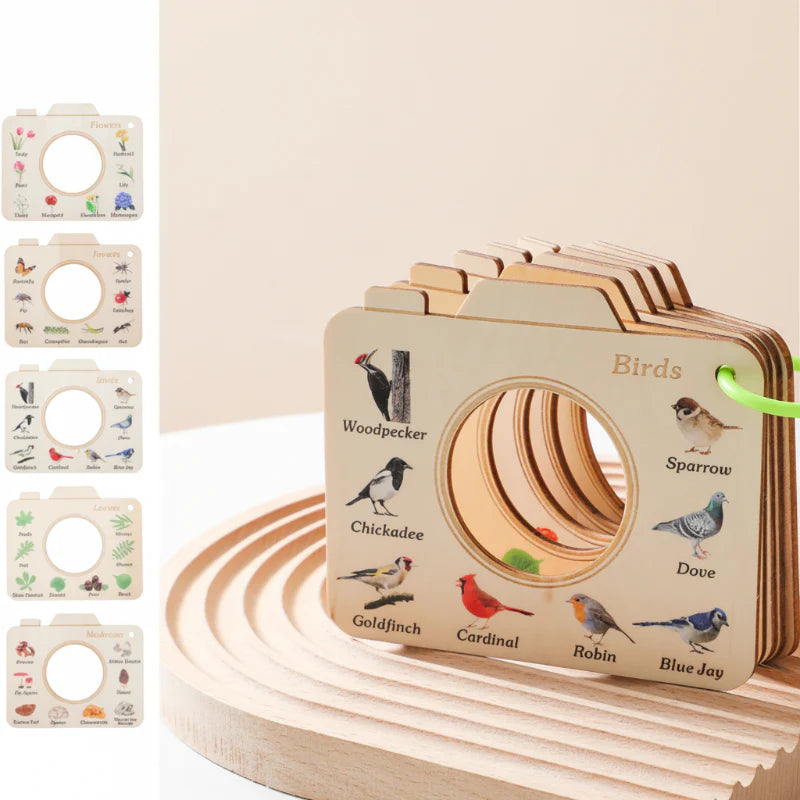 Camera-shaped wooden nature viewing frames with bird illustrations and a green connecting ring