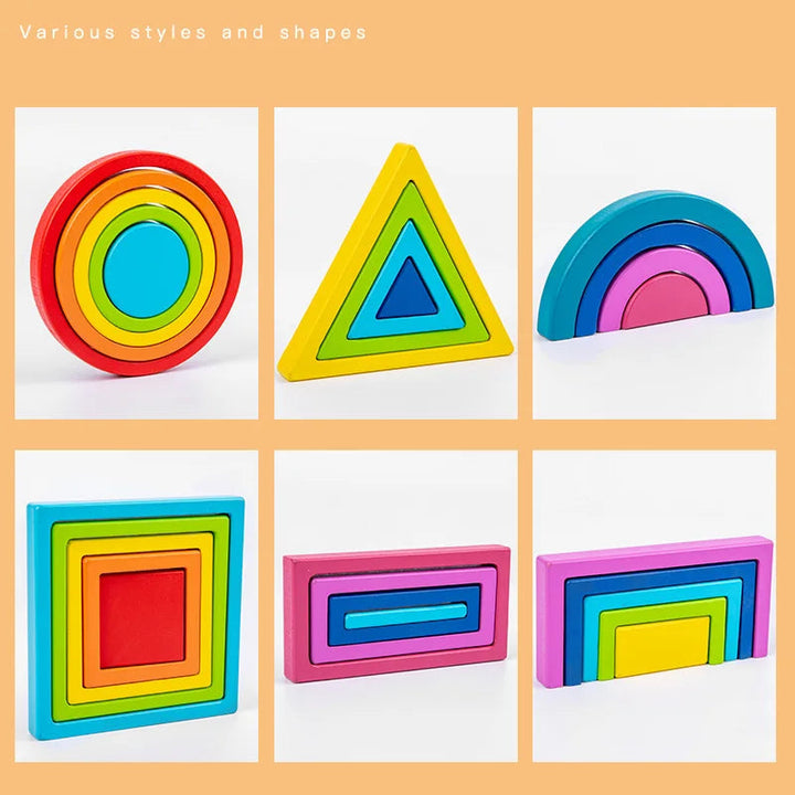 Nested wooden circles, triangles, rainbow arches, squares, and rectangles in bright colors