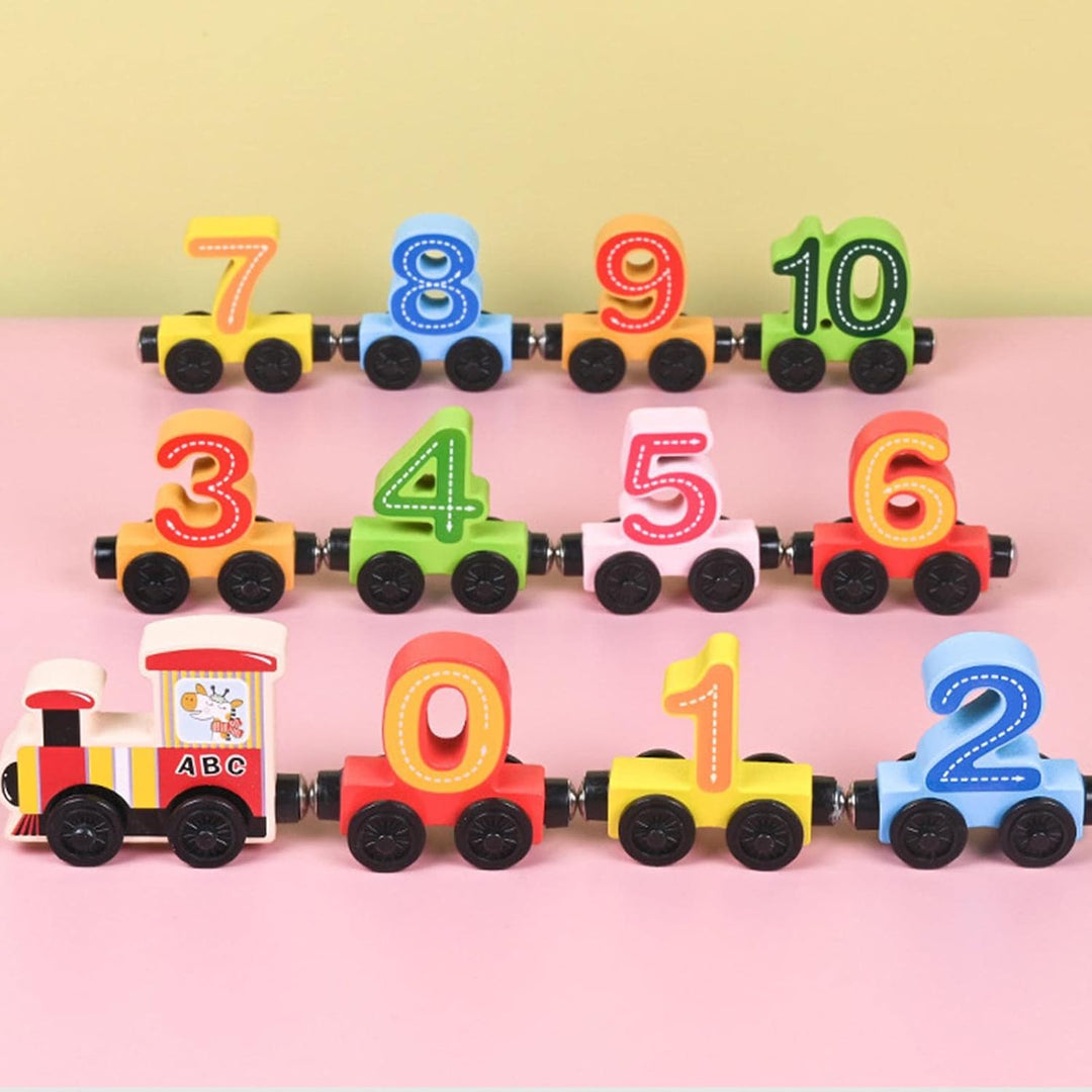 Wooden number train showing an engine and brightly colored cars numbered 0 through 10