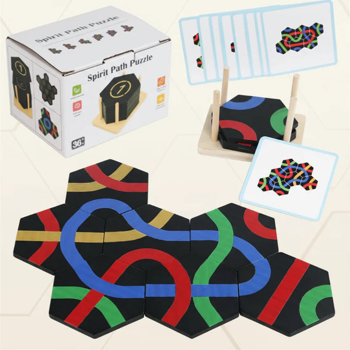 Wooden pattern puzzle with colorful hexagonal tiles, challenge cards, stacking base and box