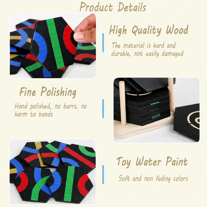 Close-up views of wooden puzzle tiles, colored patterns and the stacking base