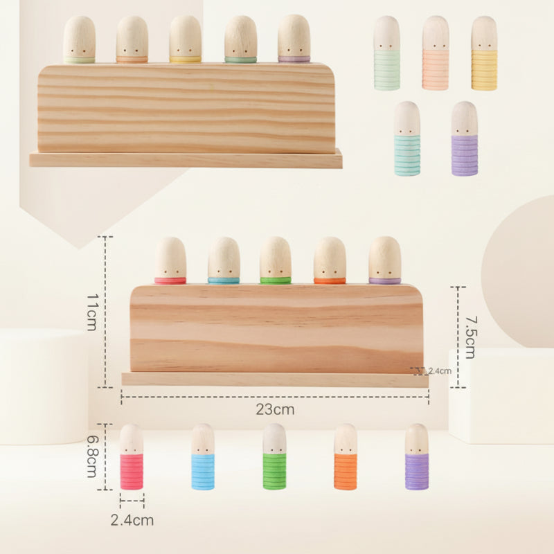 Dimension chart for bright and pastel wooden peg toys with a 23 cm base width