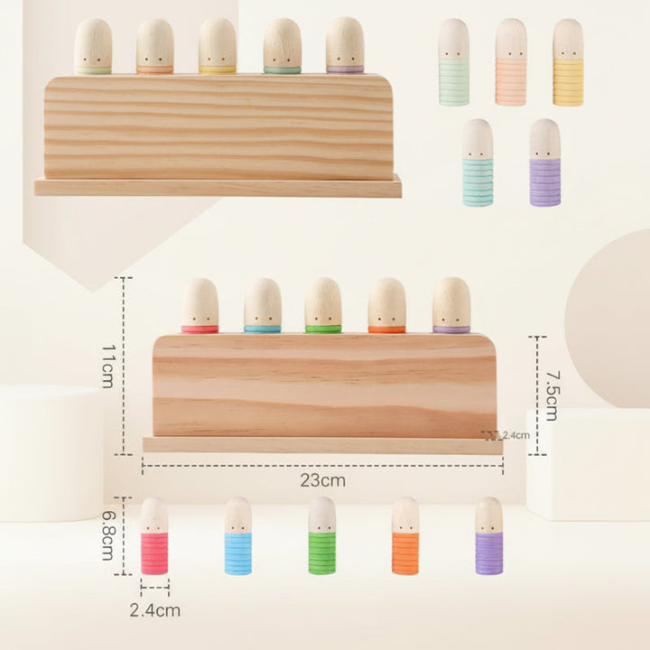 Dimension chart for bright and pastel wooden peg toys with a 23 cm base width