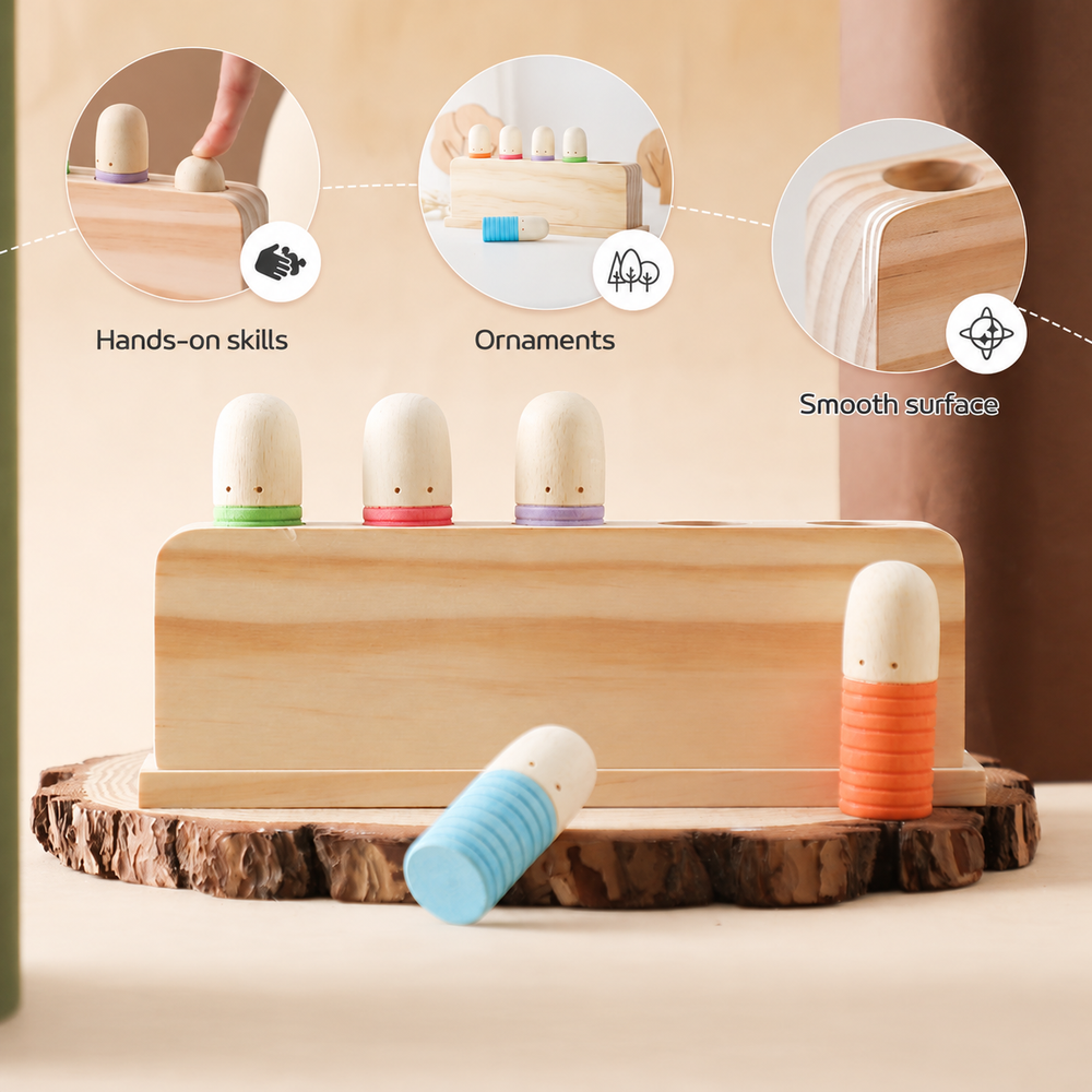 Wooden peg toy with colorful pieces and inset views of peg play and smooth edges
