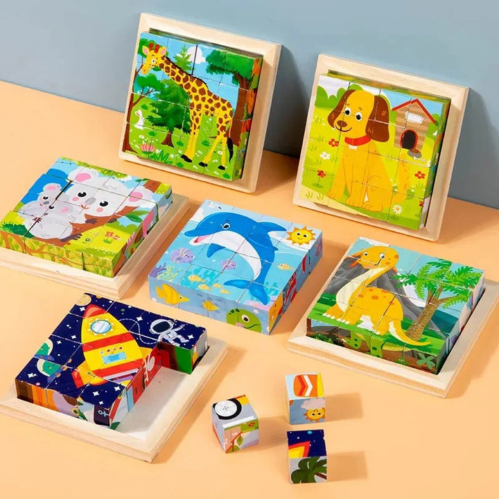 Animal and rocket block puzzles in wooden trays, with loose picture cubes in front.