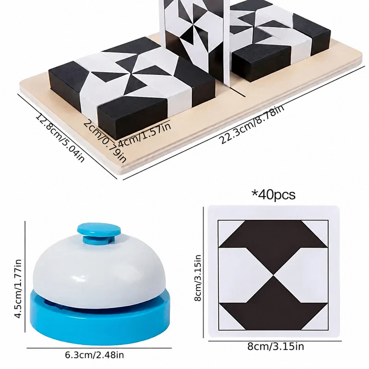 Size guide for the wooden puzzle board, bell, and 40 pattern cards