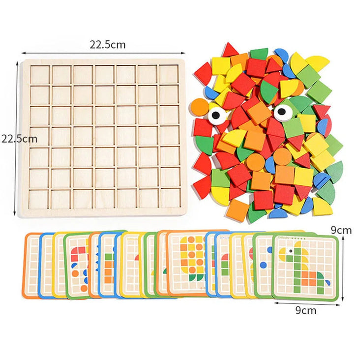 Puzzle dimensions showing a 22.5 x 22.5 cm wooden board and 9 x 9 cm pattern cards
