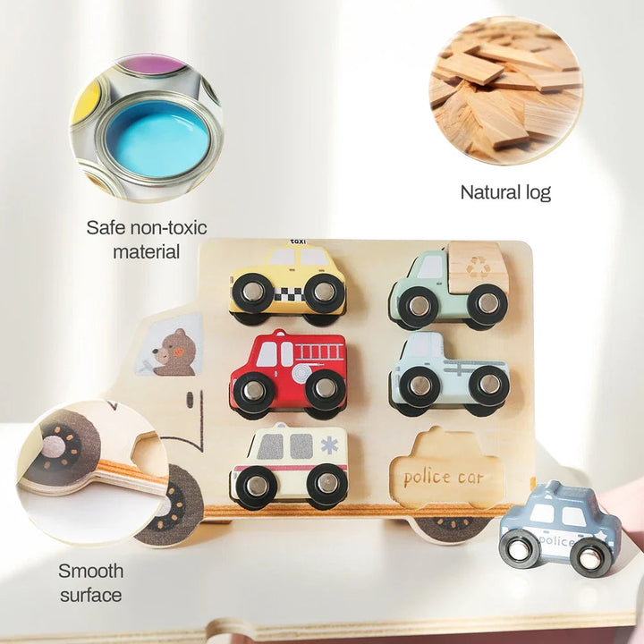 Wooden vehicle puzzle with close-up views of the wood and smooth board surface