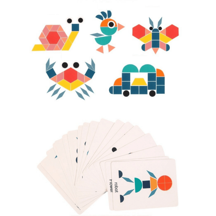 Pattern cards displayed beneath snail, bird, butterfly, crab, and car shape designs