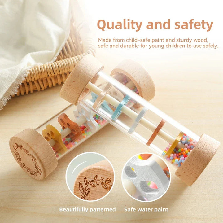 Two rainstick rattles with wooden ends and close-ups of a decorated end cap and colorful inner pieces
