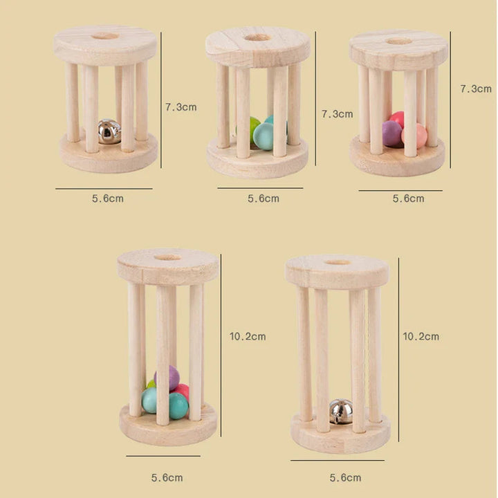 Rattle dimensions showing short styles at 7.3 cm high, long styles at 10.2 cm, and widths of 5.6 cm
