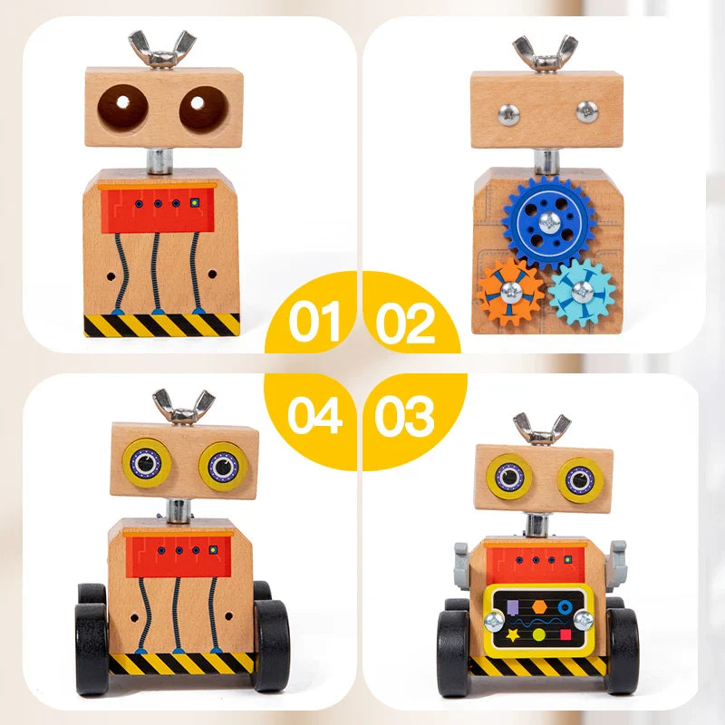 Wooden robot configurations with different eye, gear, and front-panel arrangements