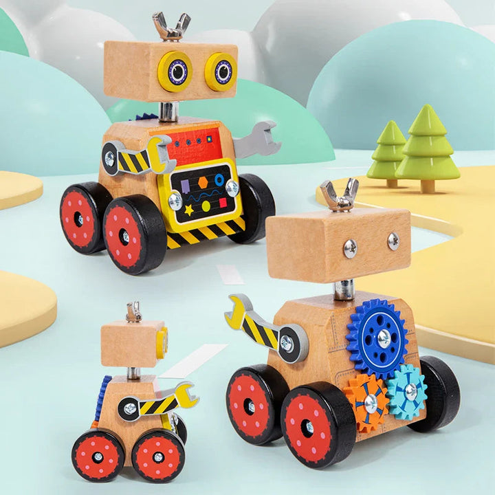 Wooden robot shown in several builds, including a version with colorful gears