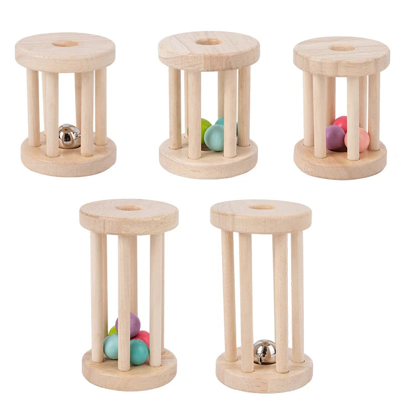 Five wooden cage rattle styles with colorful balls or silver-colored bells