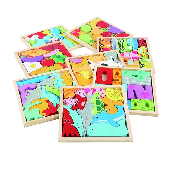 Assortment of colorful wooden shape puzzles in square frames