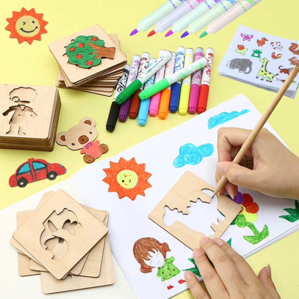 Hands tracing a wooden shape stencil beside colorful drawings, stacked cards, and markers.