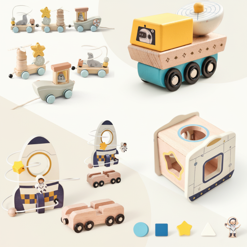 Wooden space and train toy styles, including a rocket, shape sorter, car, and activity train
