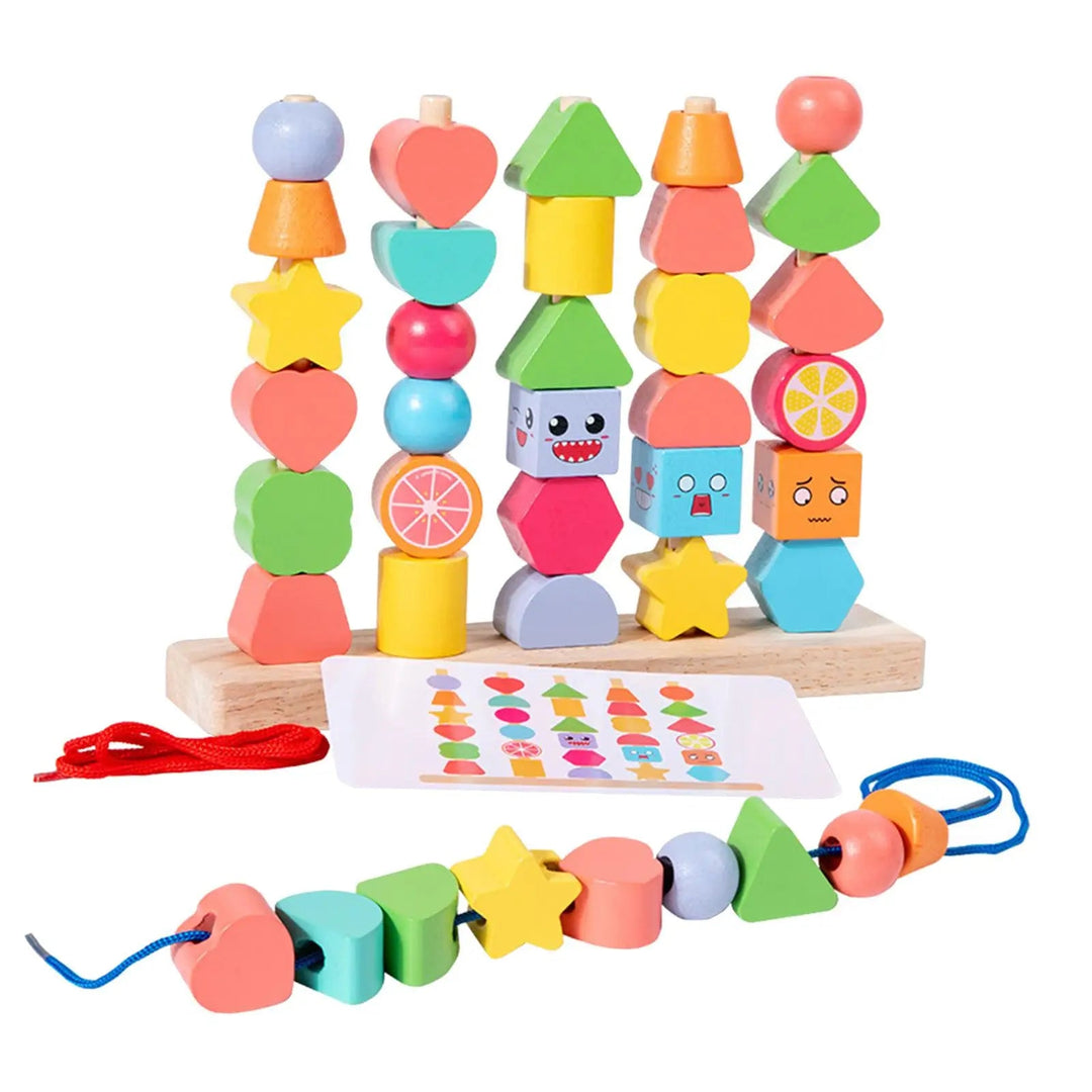 Wooden shape-stacking set with hearts, stars, geometric beads, a pattern card, and threading cords.
