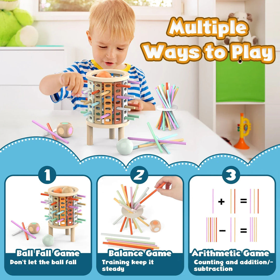 Wooden game showing ball-drop play, stick balancing, and arithmetic with colorful sticks