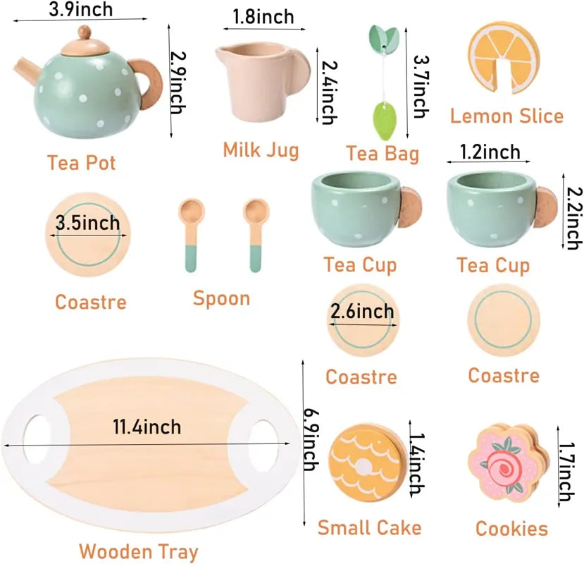 Wooden tea set measurement chart showing the tray, teapot, cups, coasters, milk jug and play treats