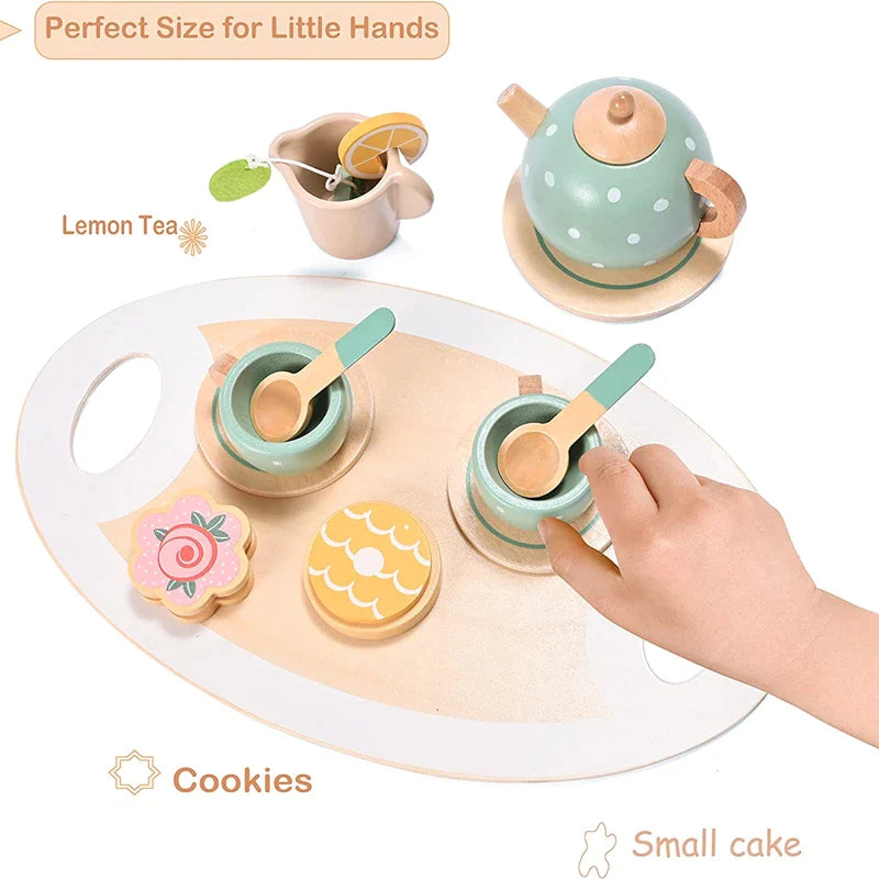 Wooden tea set on a tray with a hand holding a cup and close-ups of the teapot and milk jug