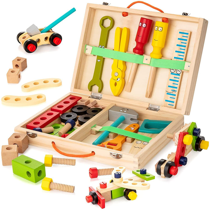 Open wooden toolbox with colorful tools, building parts, and assembled vehicle models