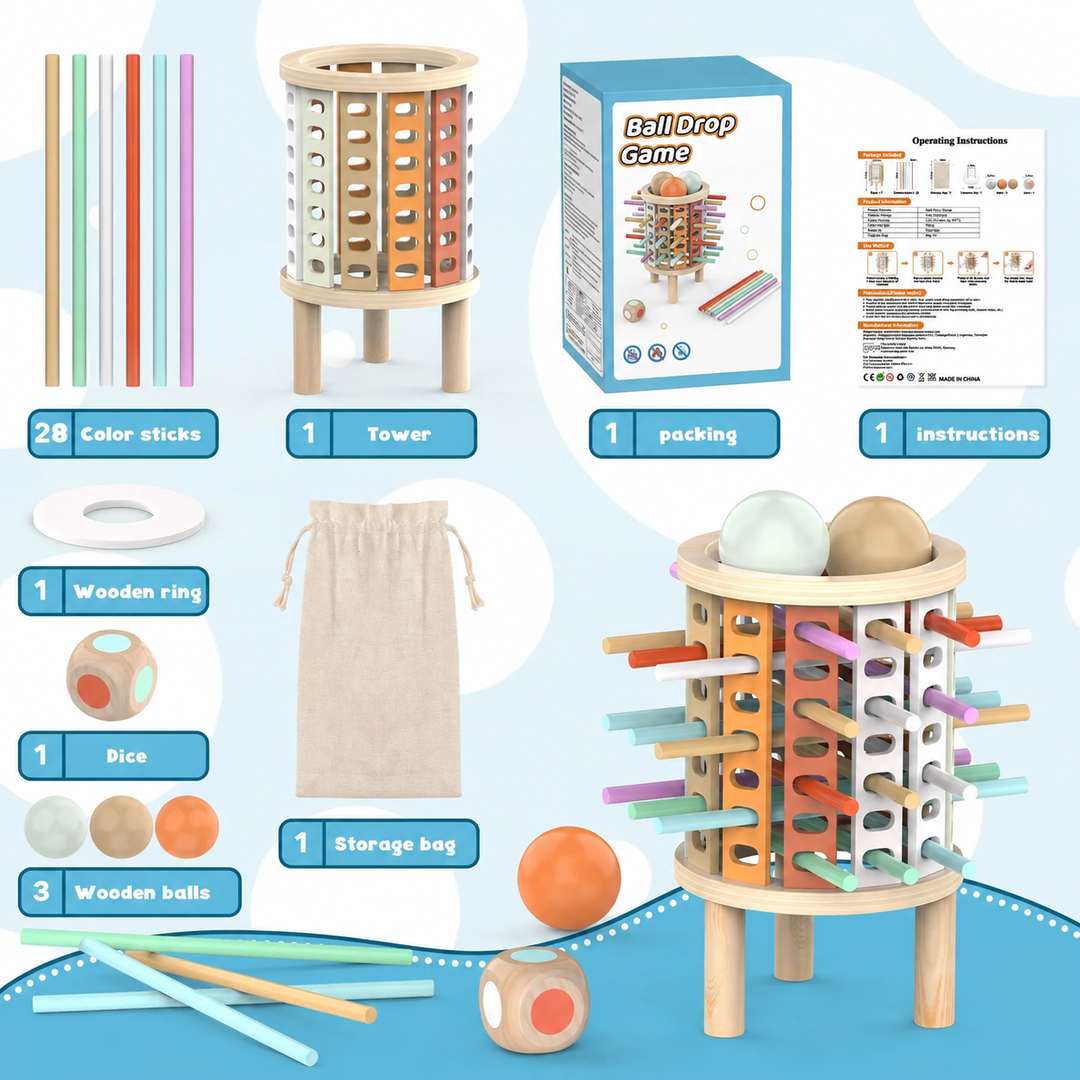Set contents with tower, 28 sticks, three wooden balls, ring, die, storage bag, box, and instructions