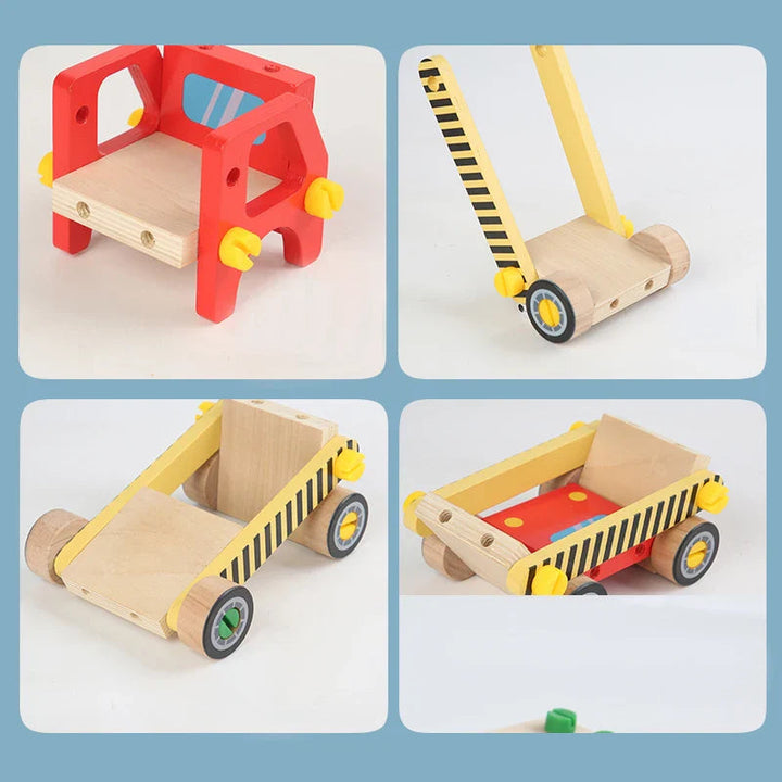 Wooden construction truck cab, wheeled base, and body sections shown in four views