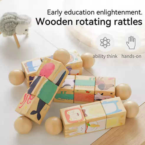 Wooden rotating animal puzzles arranged on a tabletop