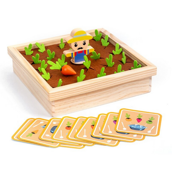 Wooden vegetable garden sorting toy with felt-topped vegetables, a farmer figure, and matching cards