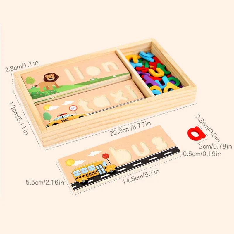 Dimensions of the wooden storage tray, illustrated bus board, and a red letter piece