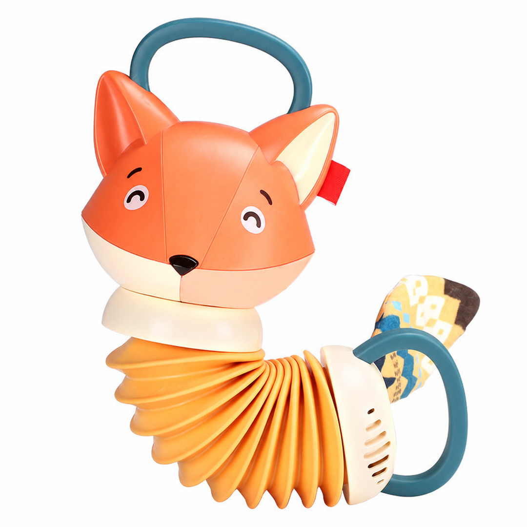 Orange fox-shaped accordion toy with curved bellows, teal handles, and a patterned tail