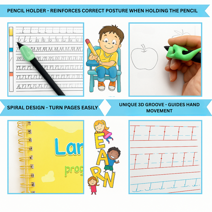 Feature collage showing a pencil grip, spiral binding, and grooved letter-tracing pages