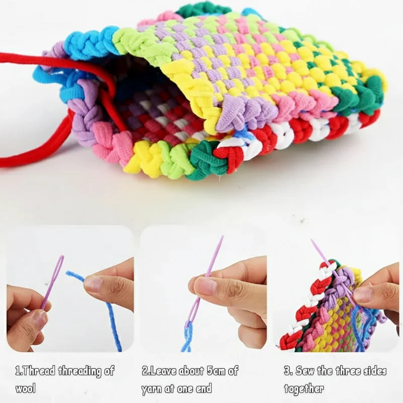 Colorful woven pouch with close-ups of threading a needle and sewing the sides