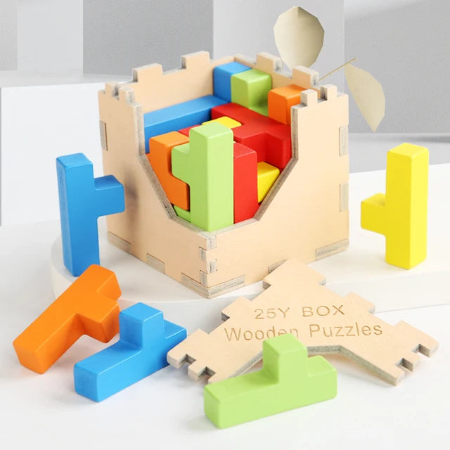 Colorful Y-shaped wooden blocks displayed with an open wooden cube puzzle
