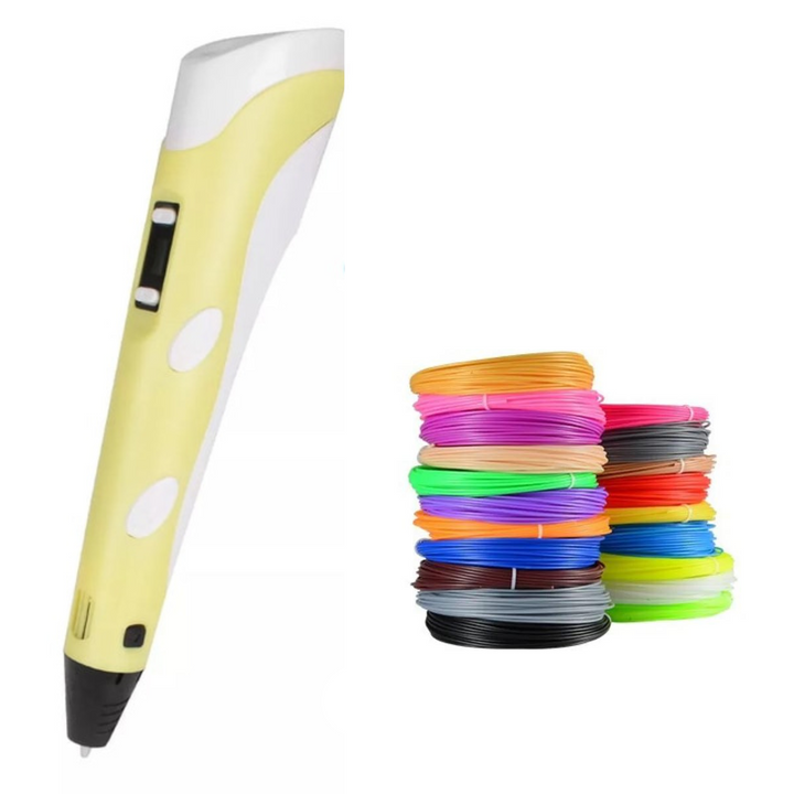 Yellow 3D drawing pen with stacks of multicolored filament