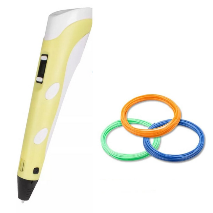 Yellow 3D drawing pen with orange, green and blue filament coils