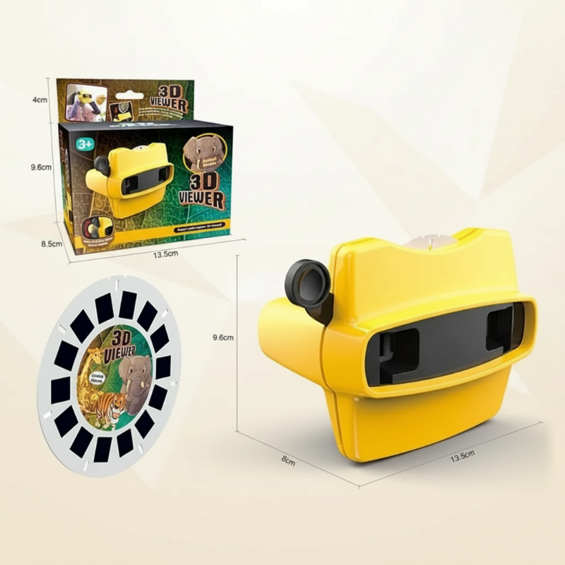 Yellow 3D viewer with a picture reel, retail box, and measurement guides