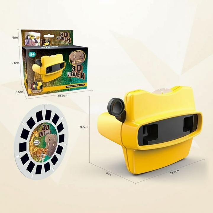 Yellow 3D viewer with a picture reel, retail box, and measurement guides